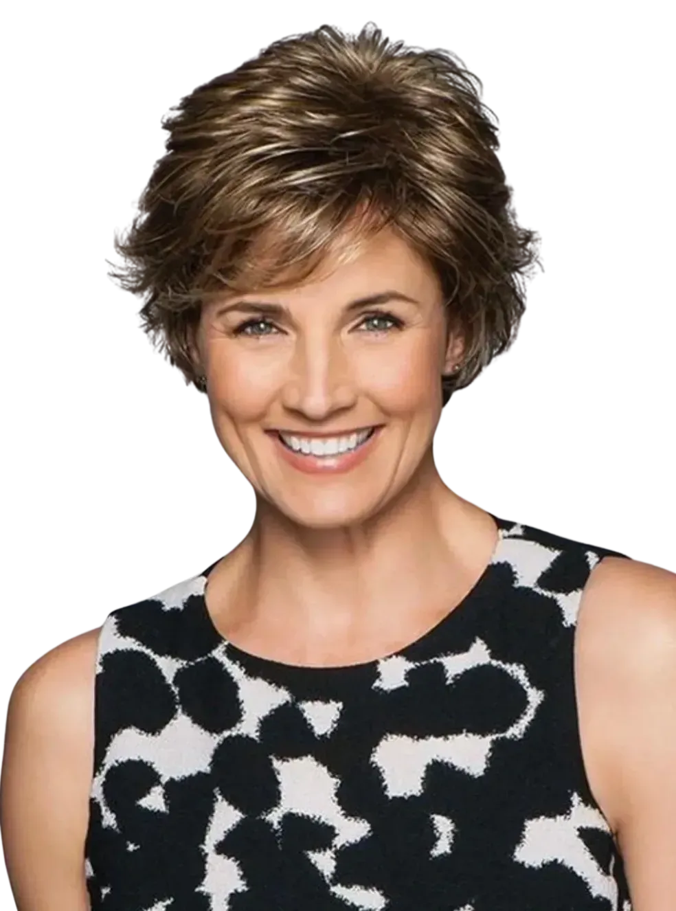 Smiling woman with short brown hair wearing a black-and-white patterned sleeveless top