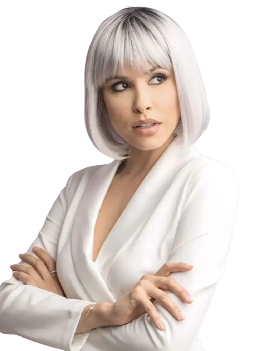 Woman with short silver hair in a white blazer, arms crossed, against a light background
