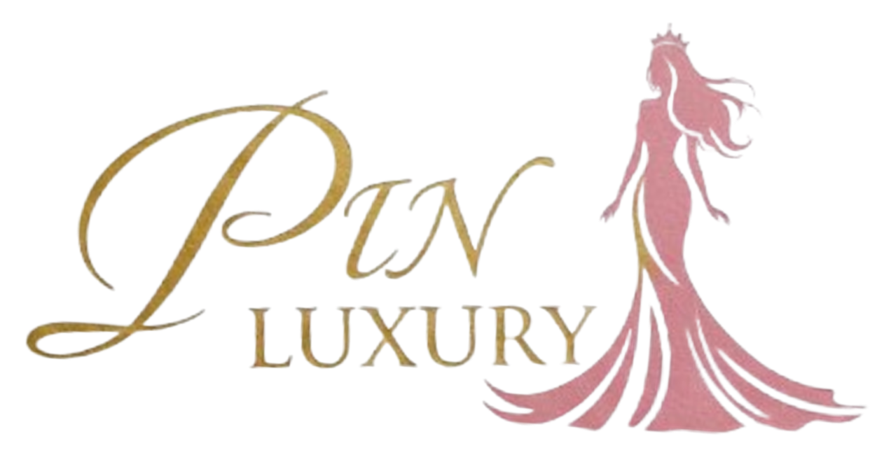 Pin Luxury 標誌採用優雅的草書字體和身著飄逸長裙的女性剪影。