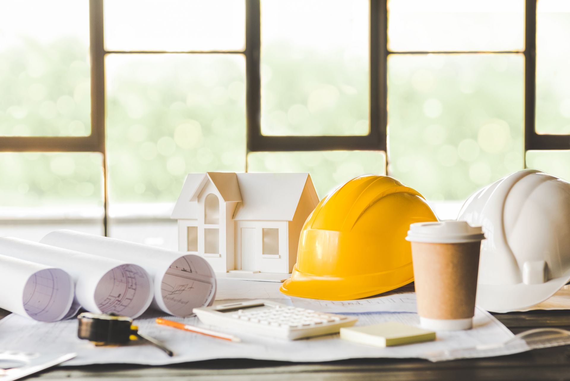 Architectural workspace with hard hats, rolled blueprints, house model, coffee cup, and ruler by a window