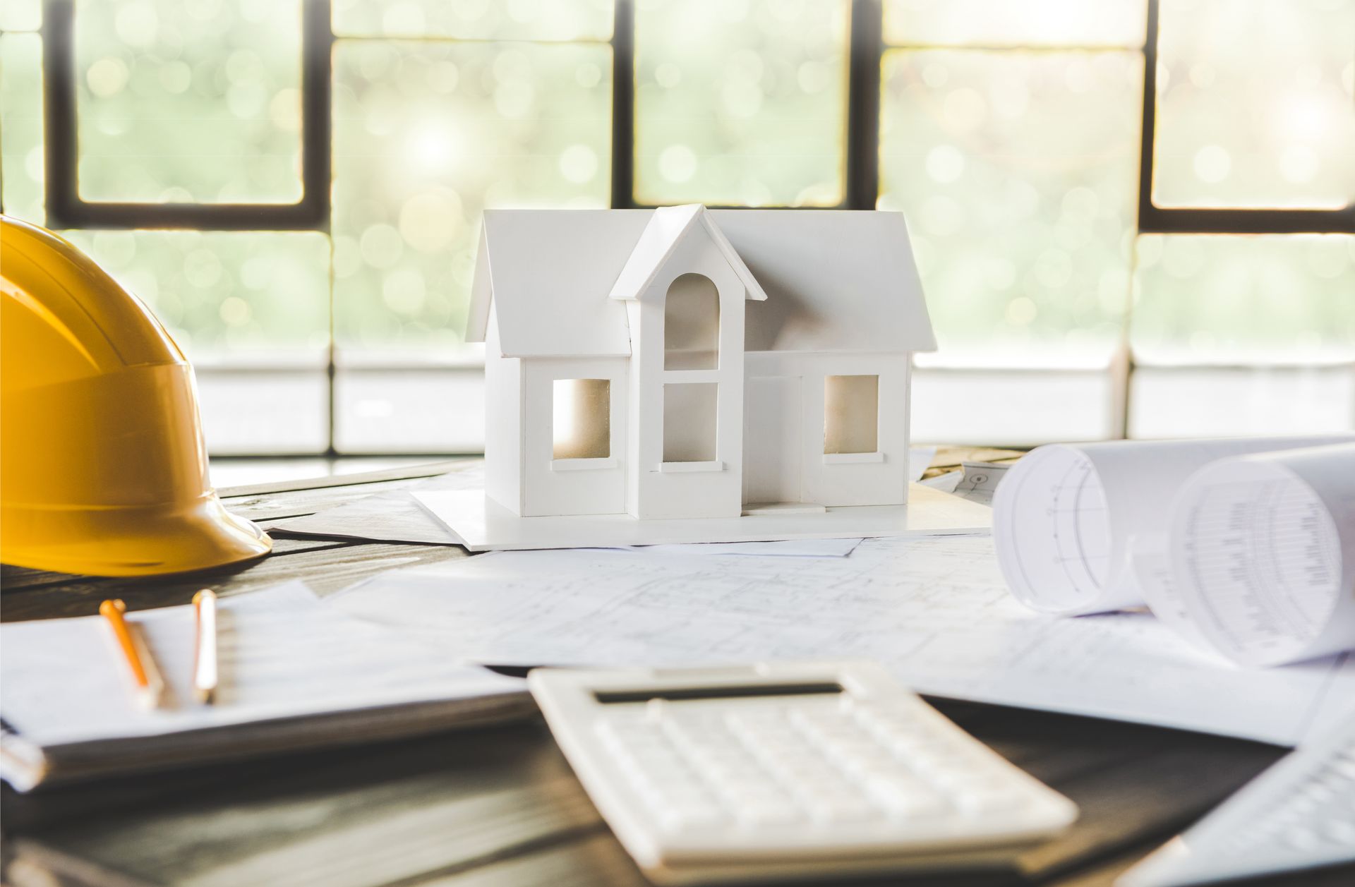 Architect’s desk with white house model, yellow hard hat, rolled blueprints, and calculator near a window