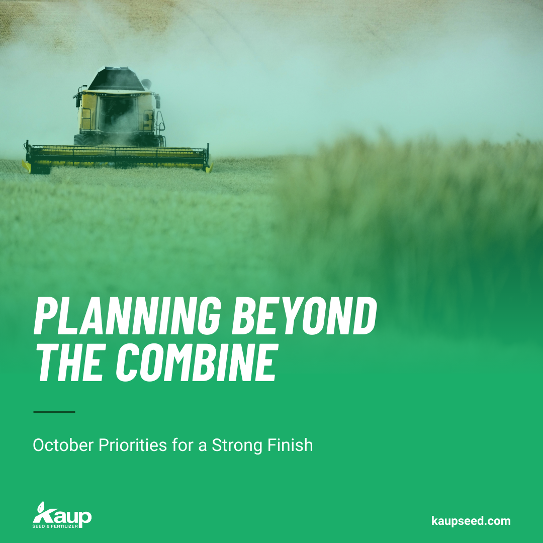 Combine harvesting in a green field, text: