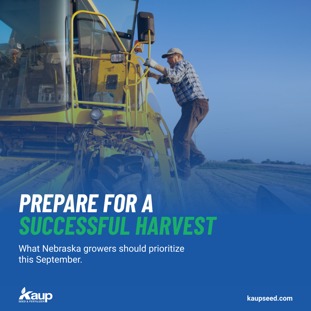 Farmer climbing onto a yellow combine in a field, text: