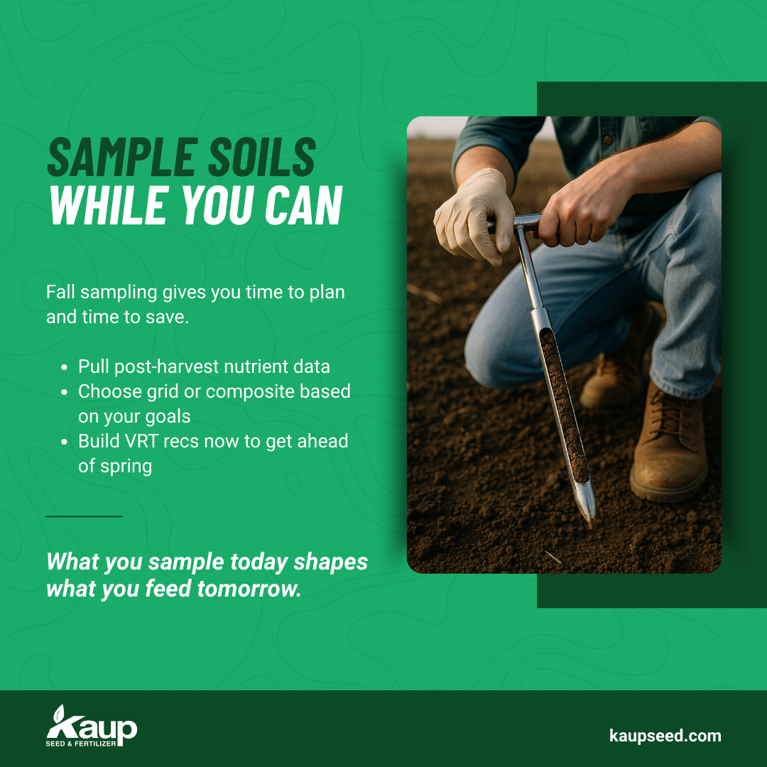 Man sampling soil, green background, text: