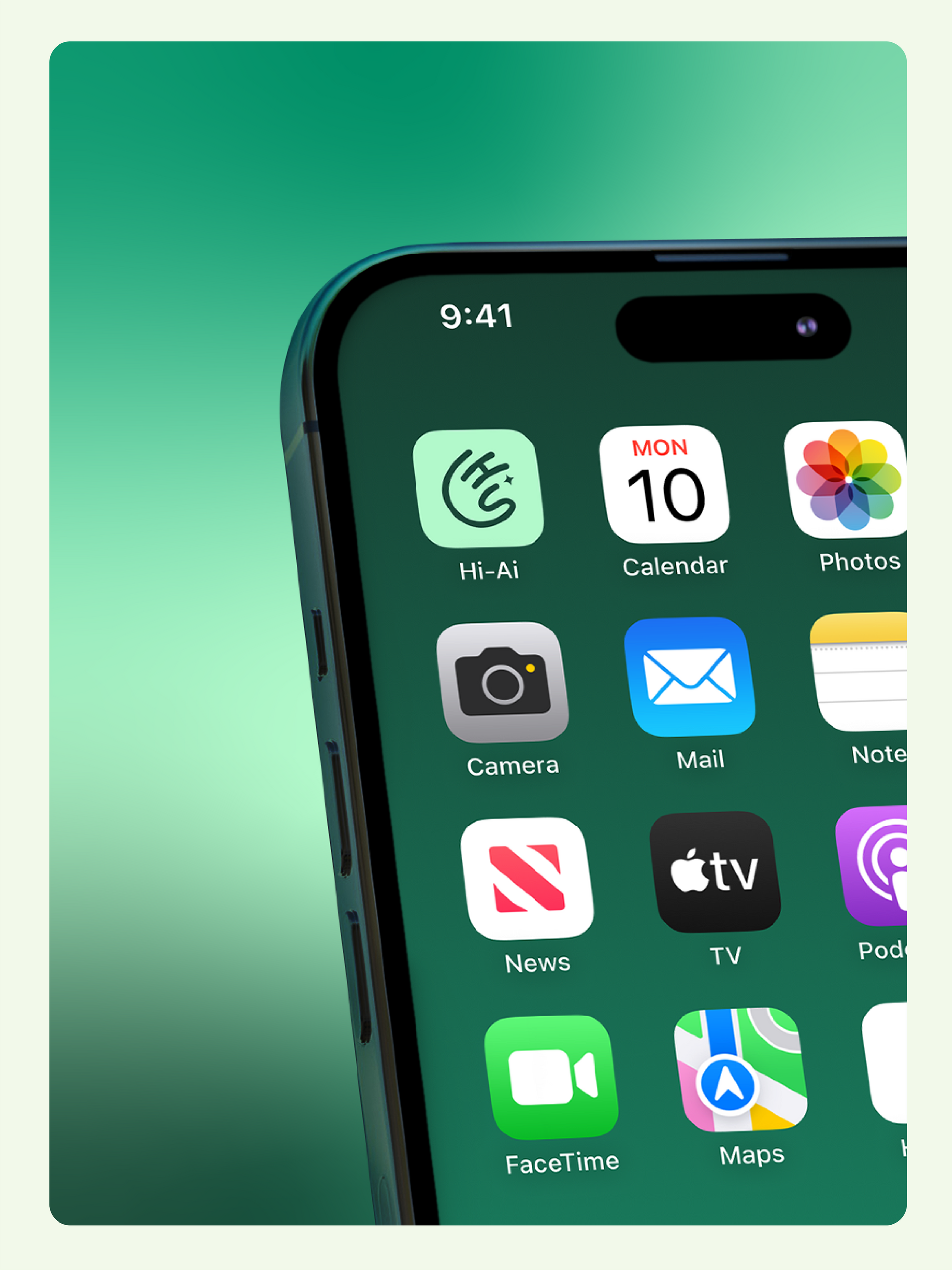 Close-up of a green iPhone screen with app icons against a green gradient backdrop.
