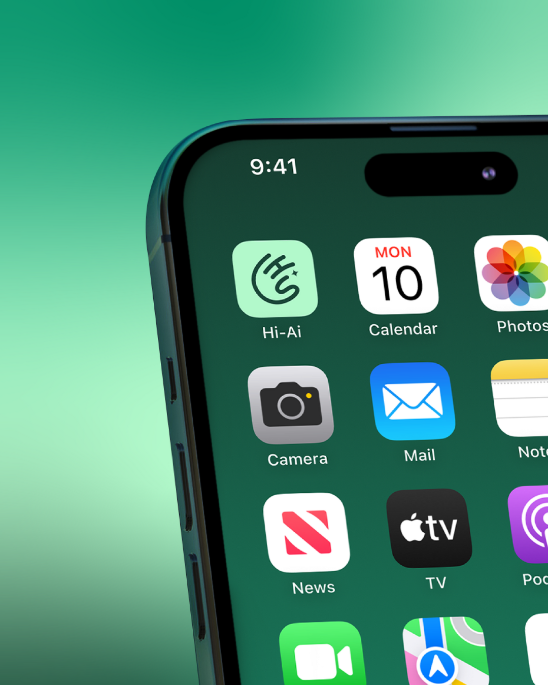 Close-up of a green iPhone screen with app icons: Hi-AI, Calendar, Camera, Mail, News, TV, and others. The time is 9:41.