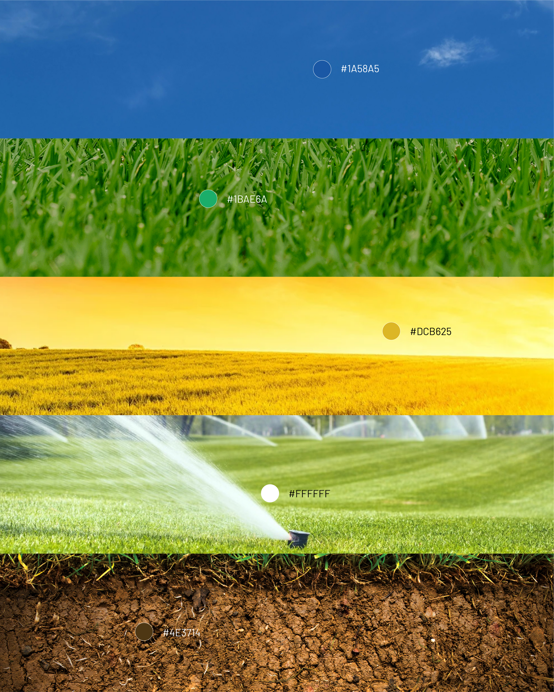 Layers of sky, grass, yellow field, sprinklers, and soil.