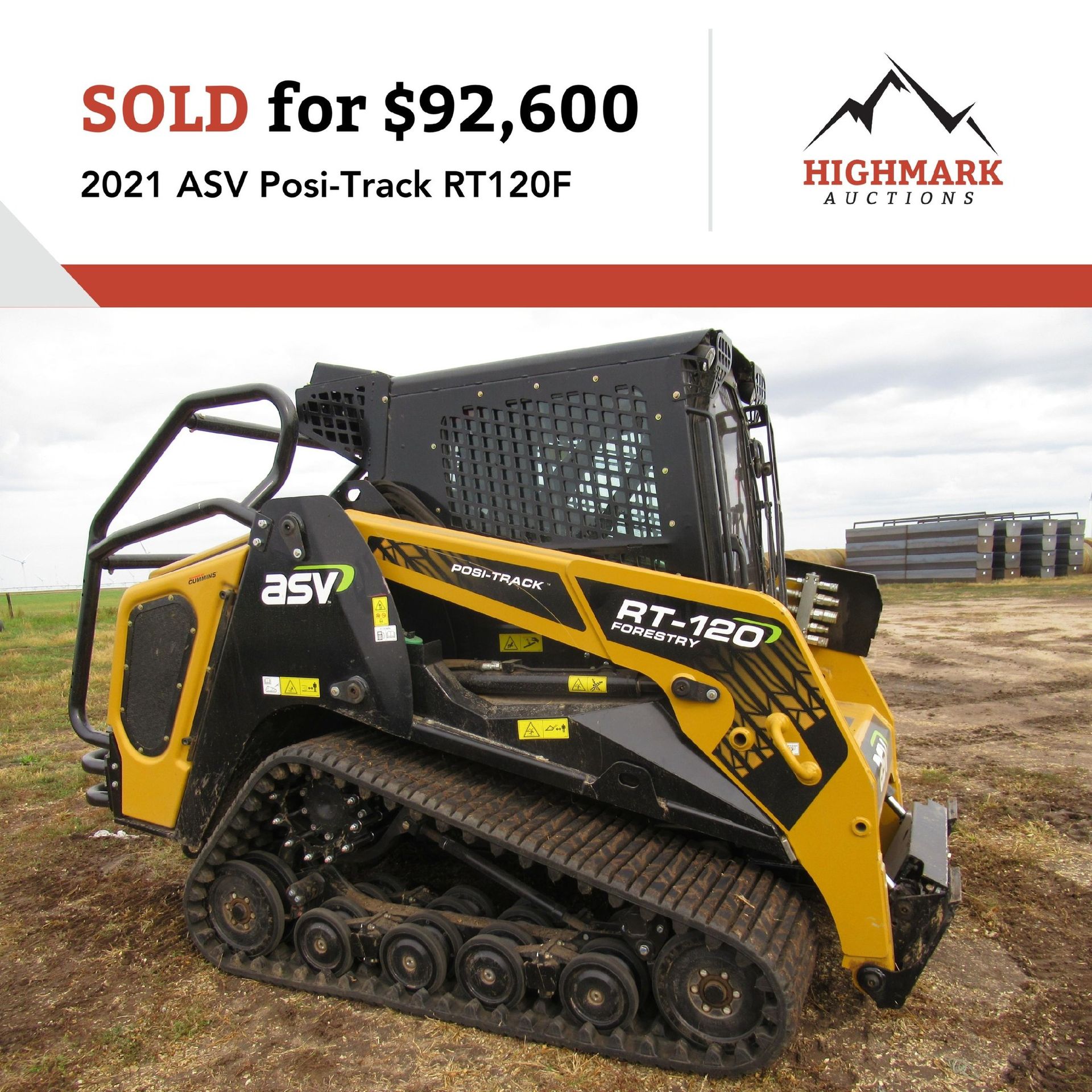 Yellow and black ASV Posi-Track RT120F compact track loader. Sold for $92,600 at Highmark Auctions.