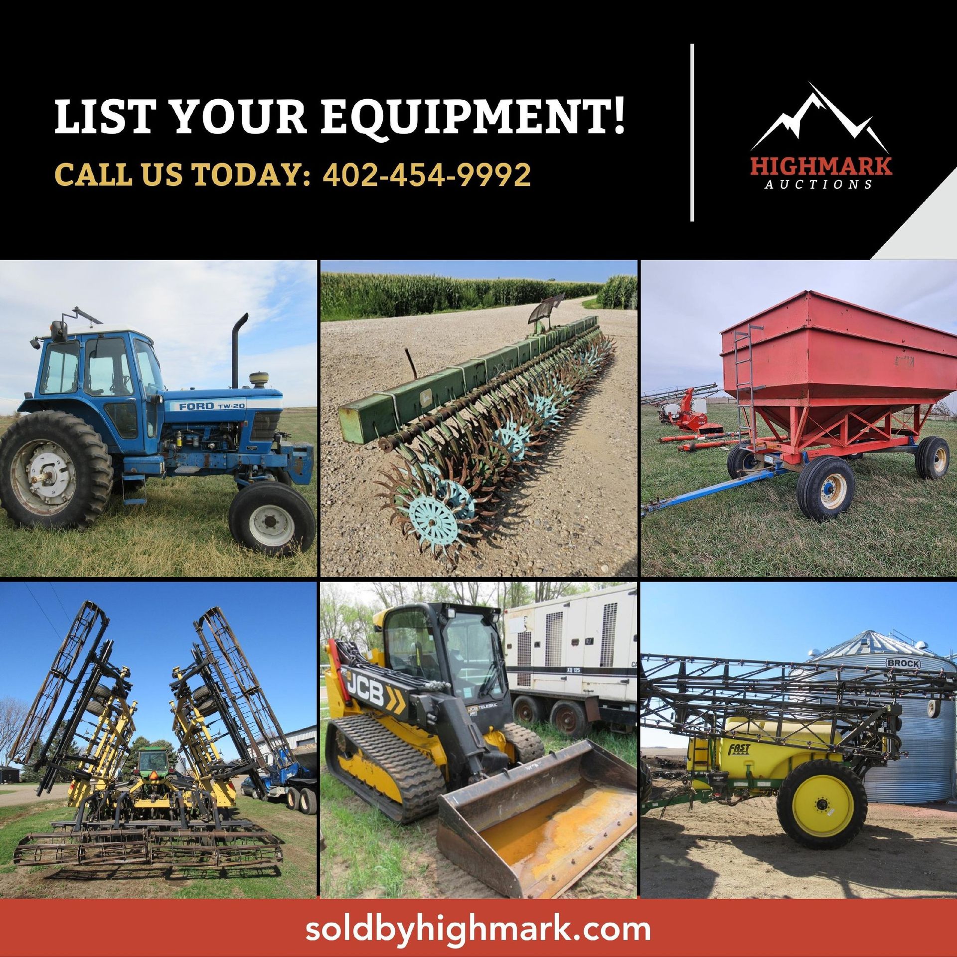 Agricultural equipment for sale: tractor, planters, wagon, excavator, and sprayer. Contact Highmark Auctions.