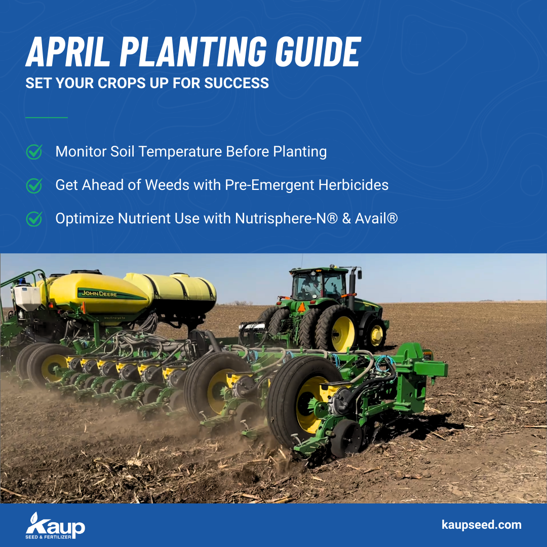 April planting guide showing a tractor in a field. Blue background, with text and recommendations.