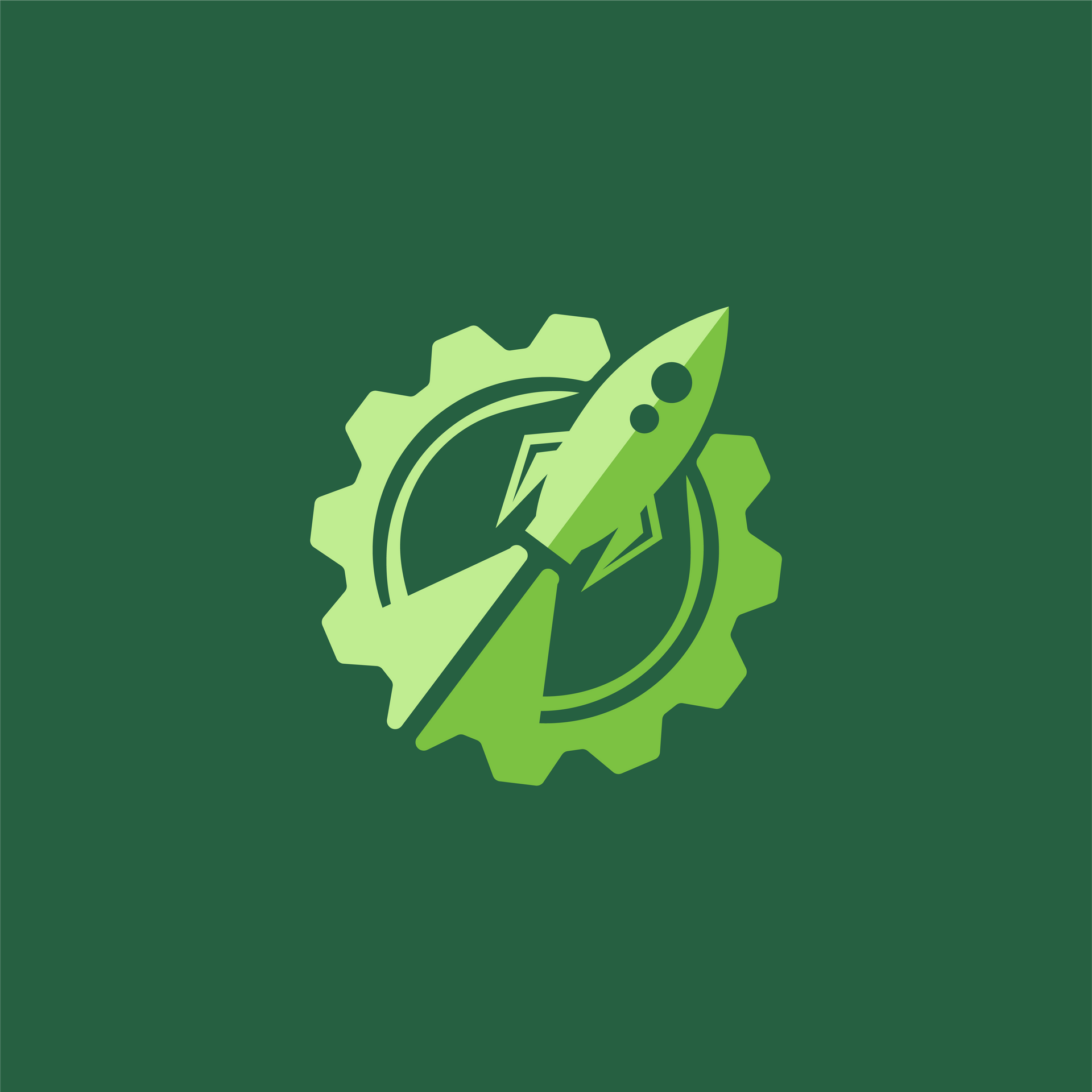 Green rocket blasting off through a green gear on a dark green background.