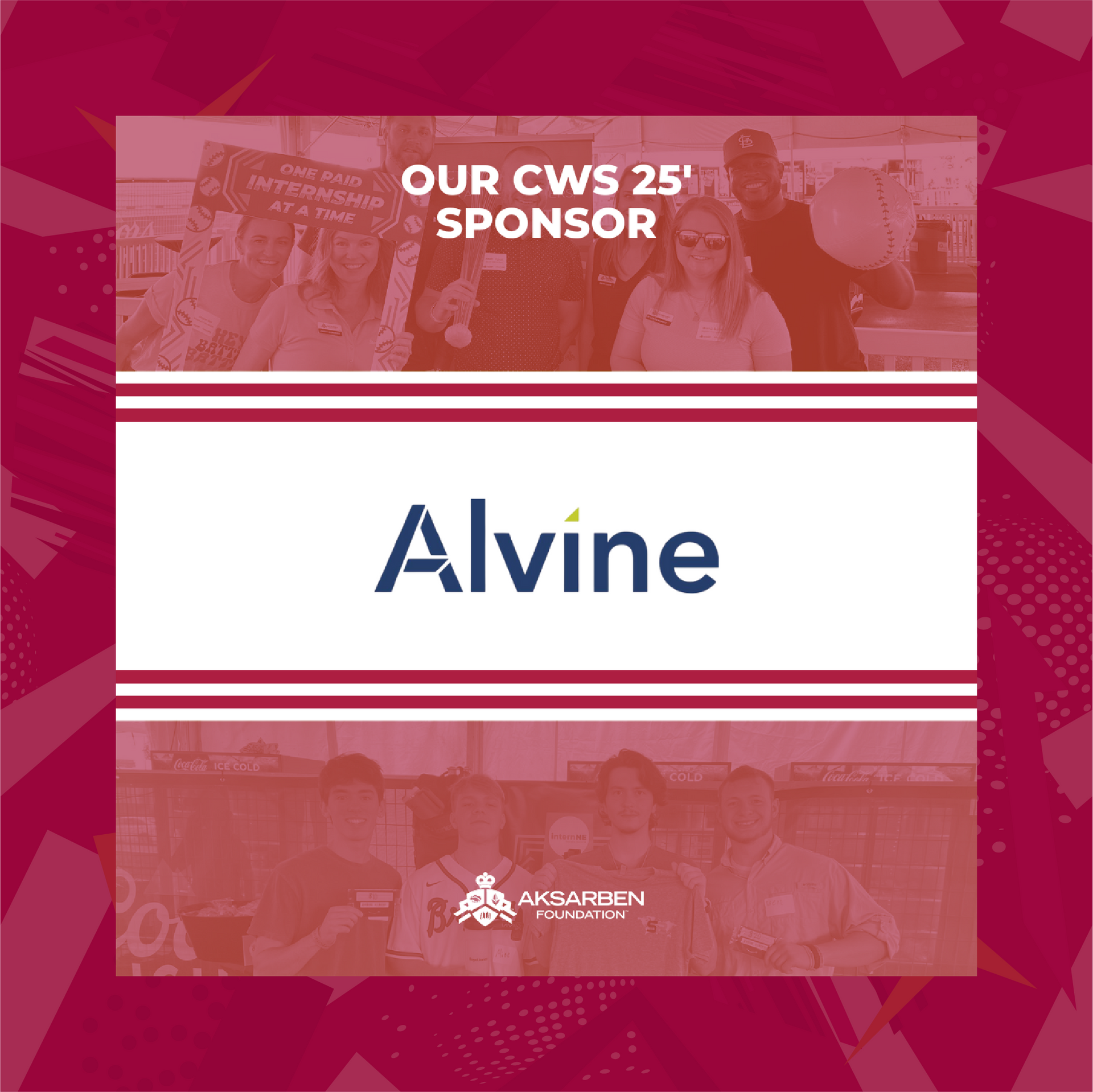 Alvine logo; CWS sponsor; people in background; red and white.