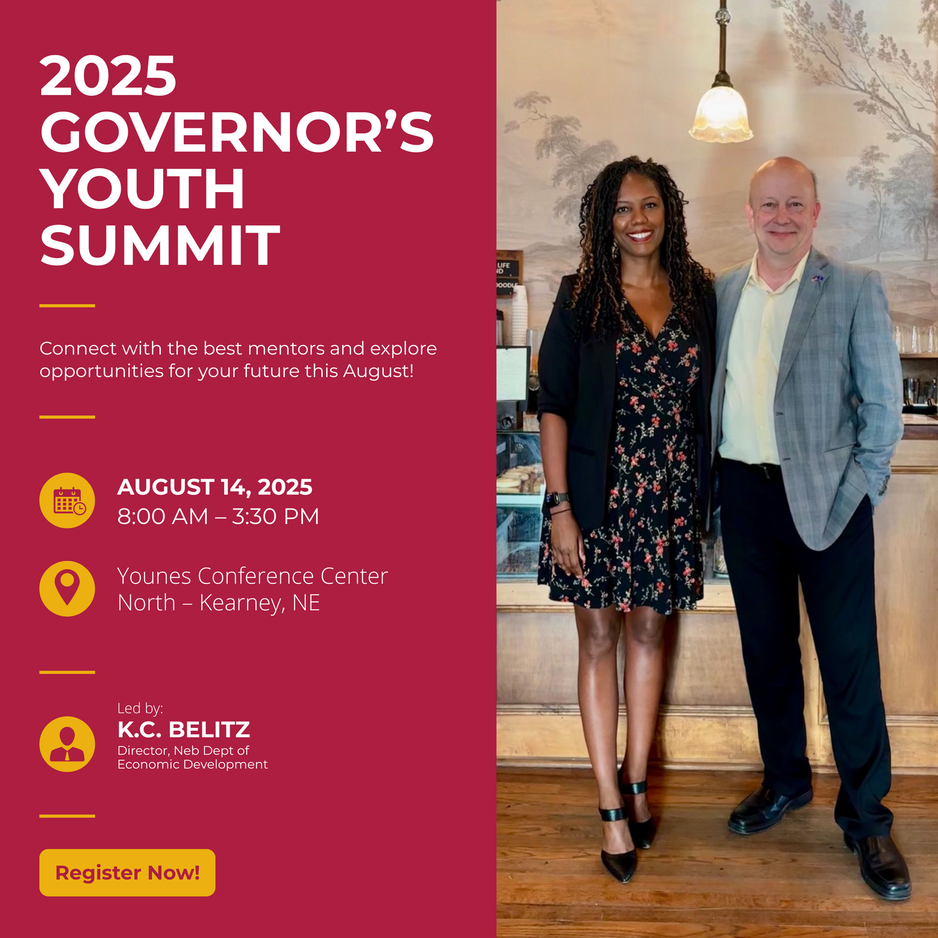 Event flyer for the 2025 Governor's Youth Summit. Features a woman and man. August 14th at Youries Conference Center.