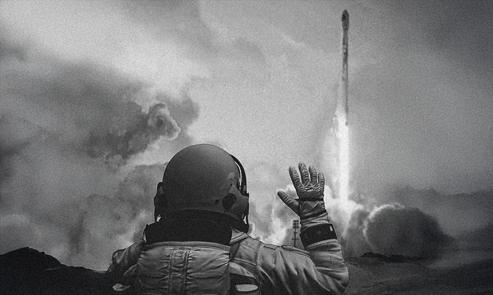 Astronaut in a helmet waves at a rocket launching, amidst gray clouds and smoke.