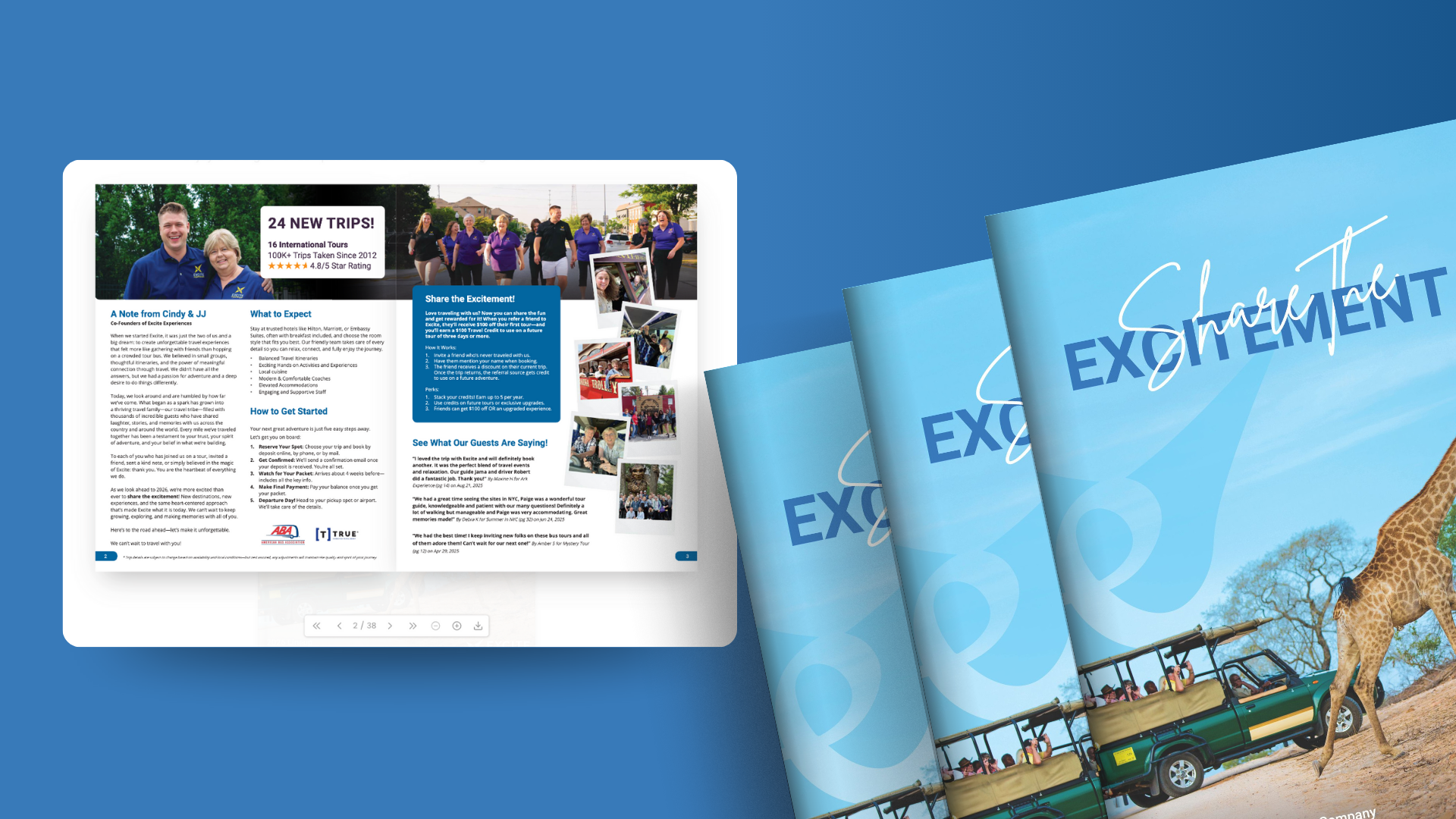 Laptop with website, stacked brochures with giraffe and safari vehicle. Blue background.