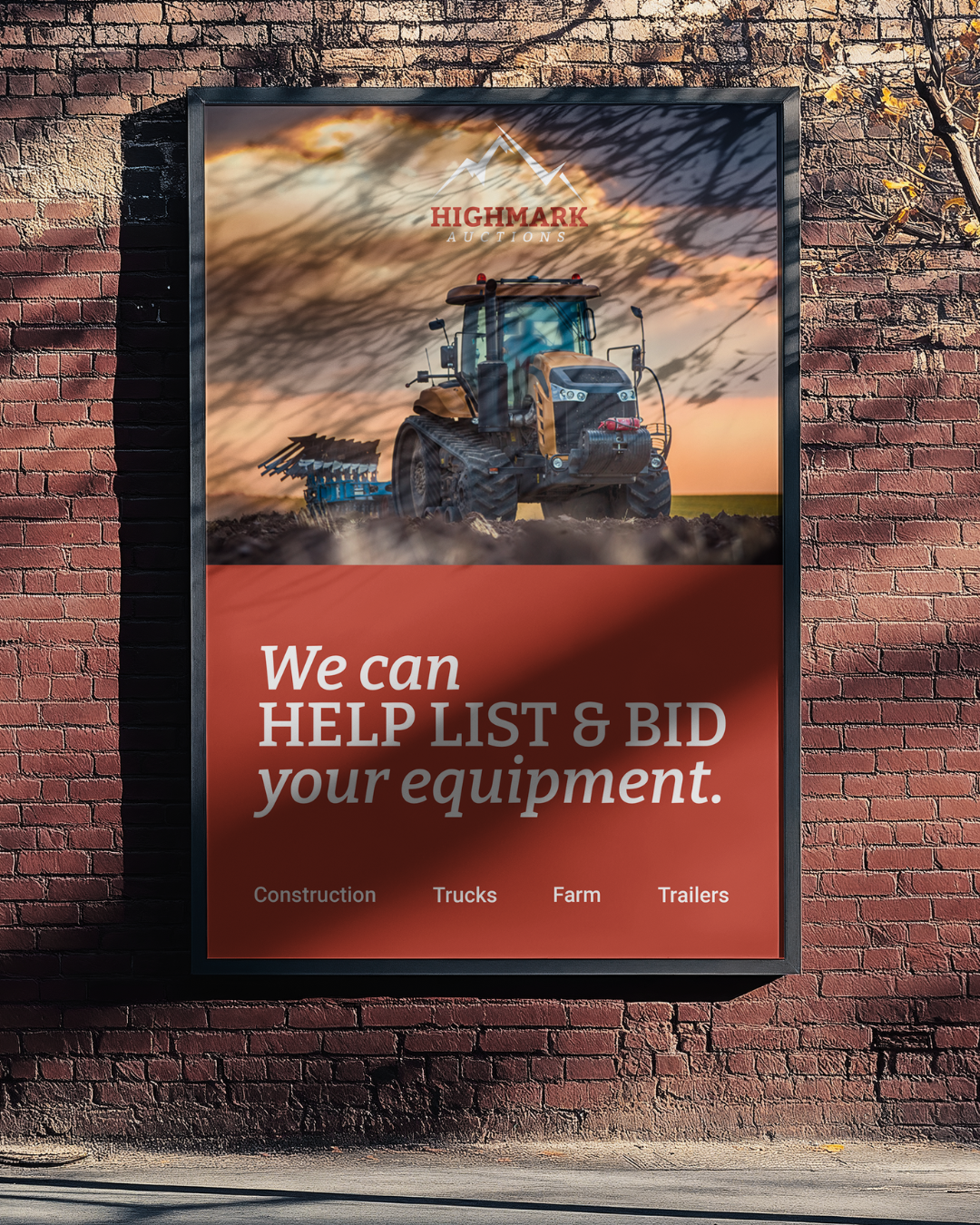 Poster on brick wall: Tractor plowing field, Highmark logo, text