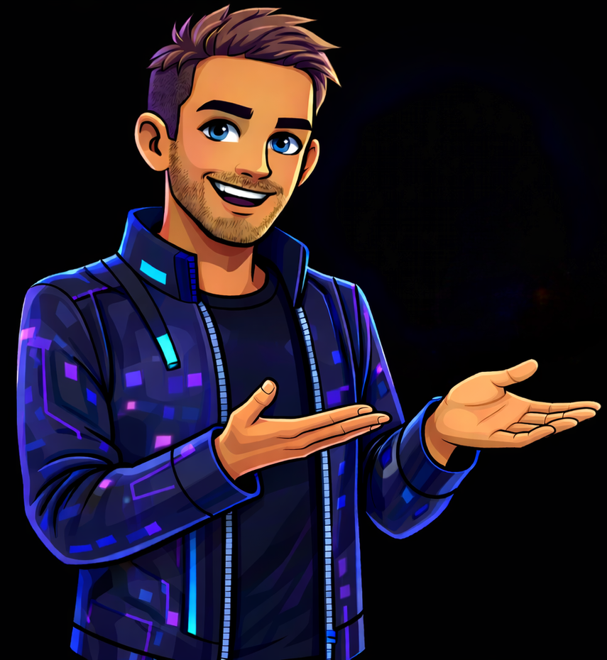 Man in a blue jacket gestures with both hands, smiling. Against a black background.