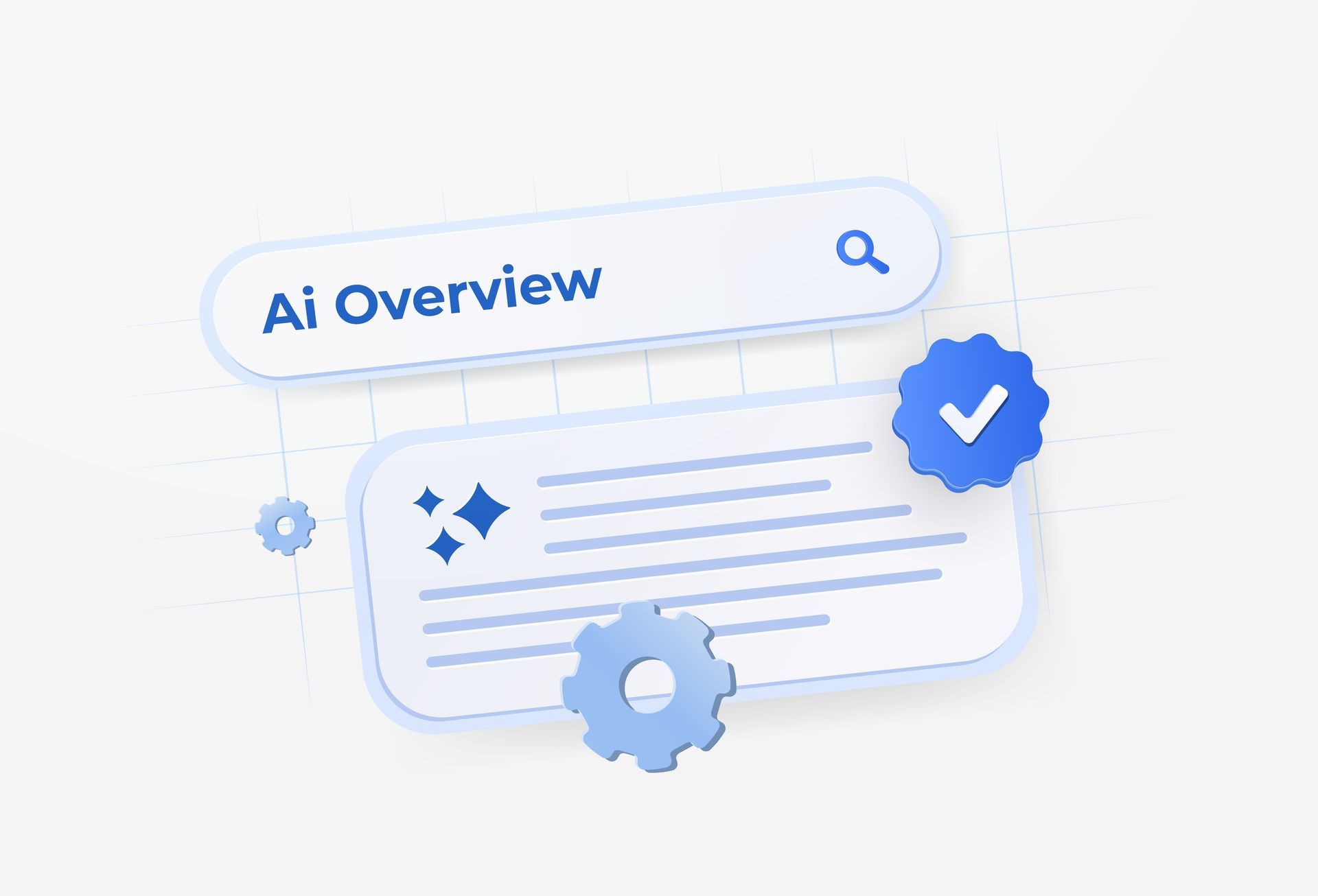 AI overview search card with blue checkmark and gear icons on a light background