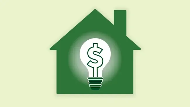 Green house outline with a lightbulb and dollar sign