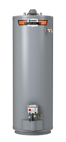 A gray water heater is sitting on a white surface.