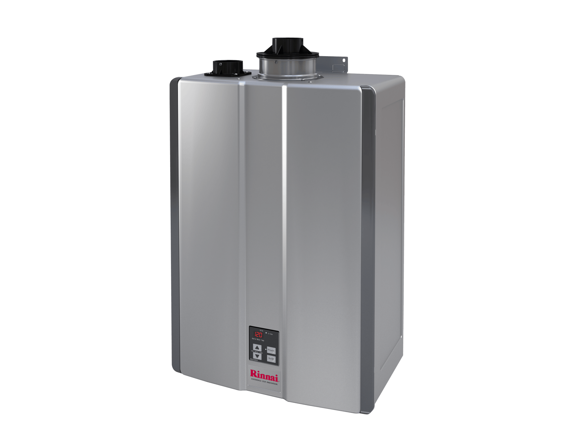 A stainless steel water heater is sitting on a white surface.