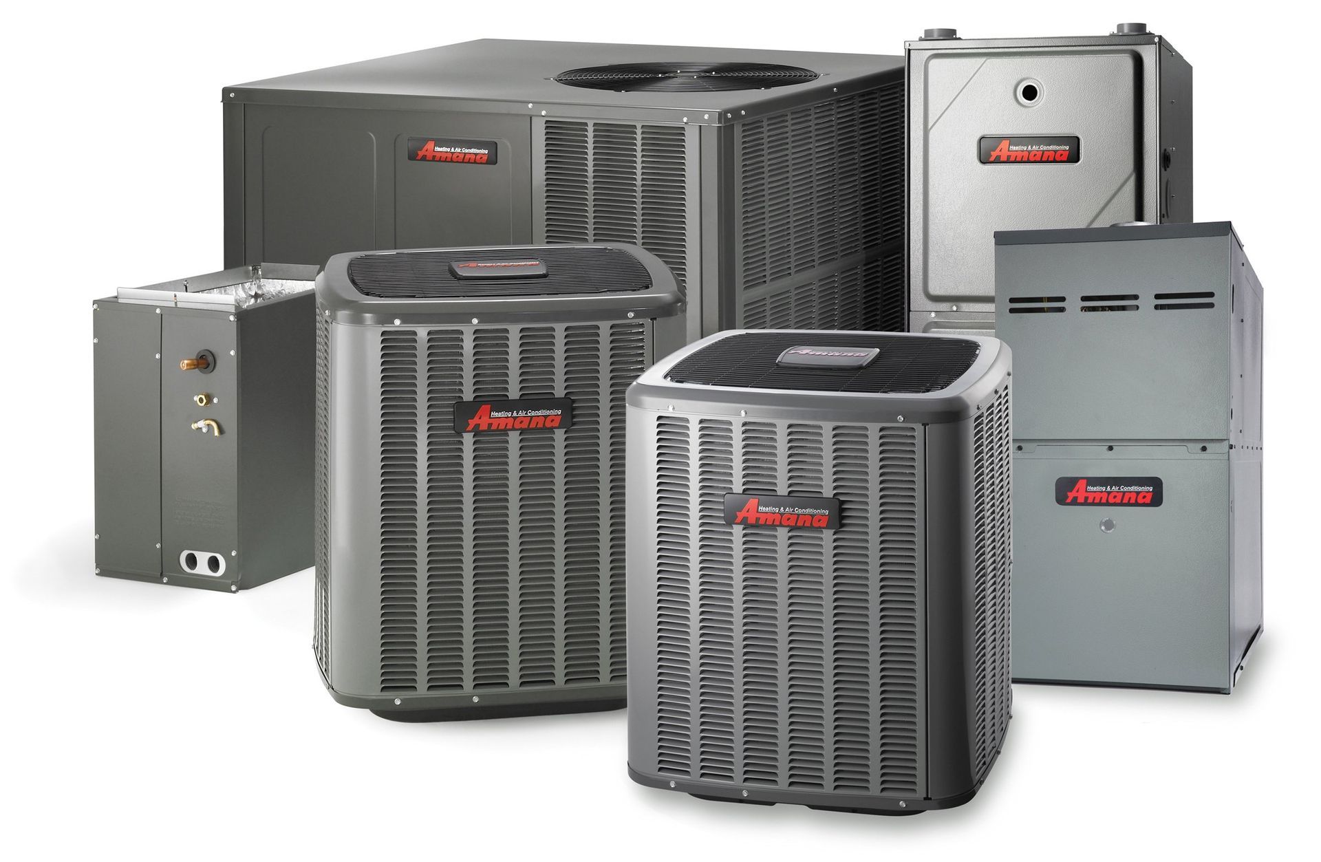 A group of air conditioners are sitting next to each other on a white background.