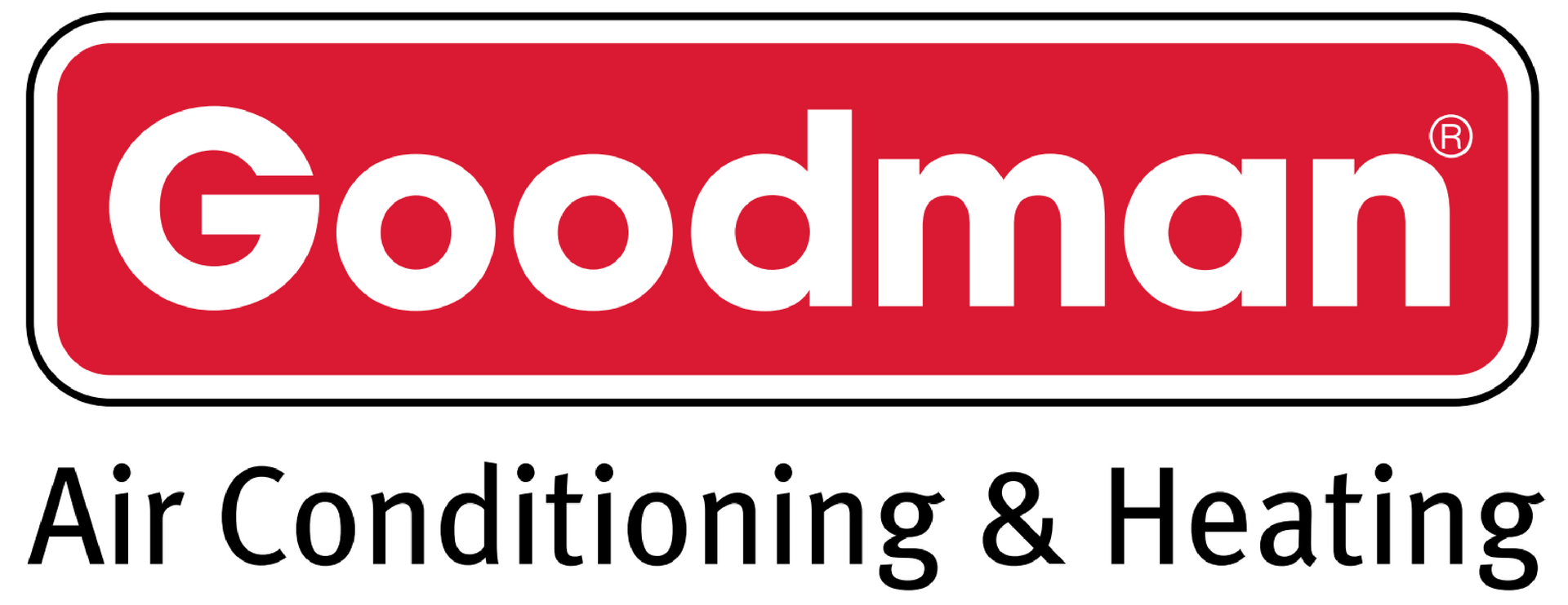 The logo for goodman air conditioning and heating is red and white.