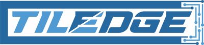 The text "TILEDGE" in bold blue letters inside a blue rectangular border, with circuit board patterns on the right.