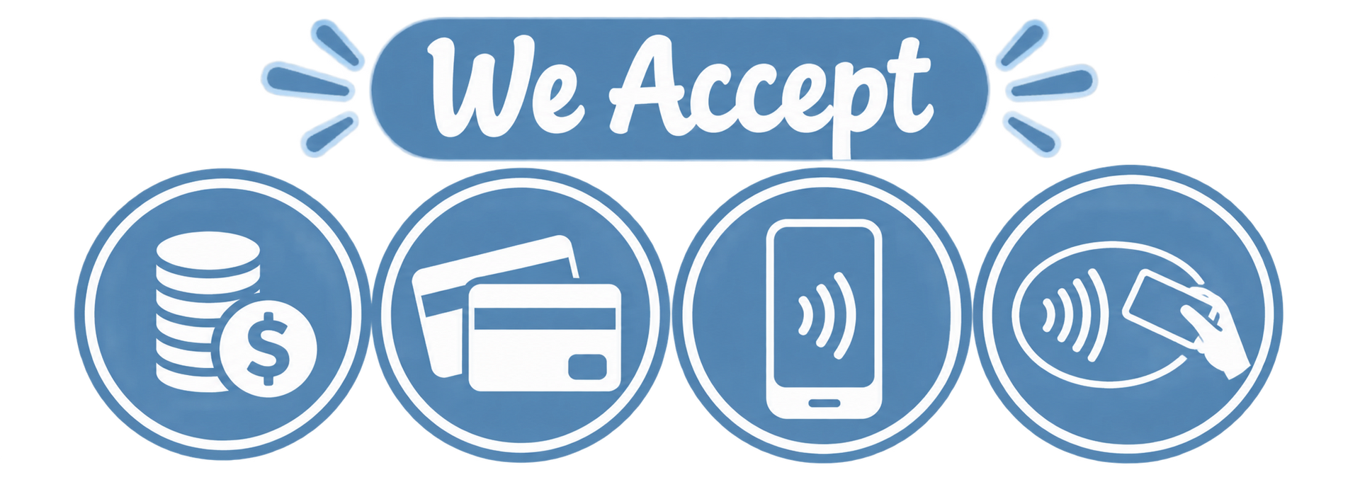 Blue “We Accept” sign with icons for cash, credit cards, mobile payment, and contactless payment.