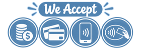 Blue “We Accept” sign with icons for cash, credit cards, mobile payment, and contactless payment.