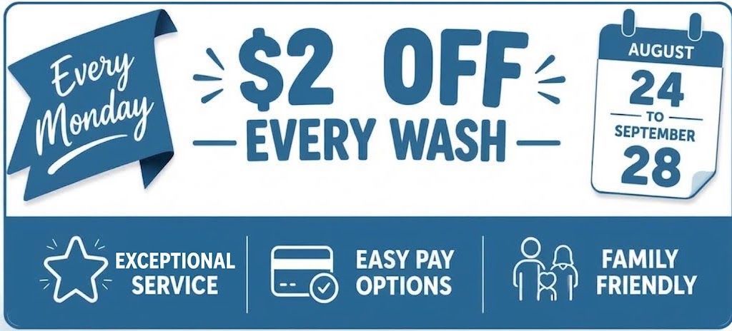 Blue promo banner reading “Half Price Washes” every Monday, Aug 24–Sep 28, with service, options, and family-friendly icons