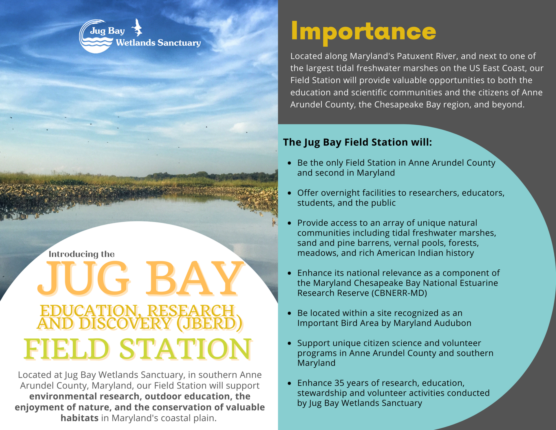 Jung Bay Environmental Research Field Station brochure with river photo and “Importance” text panel