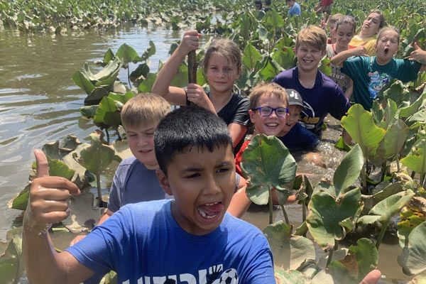 Children wading in a pond, smiling and holding up plants in bright sunlight.