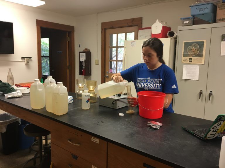 Person pouring liquid into a container in a lab or kitchen workspace with jugs and a red bucket