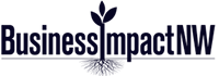 BusinessImpactNW logo with dark blue text and a sprouting plant icon above the “i”