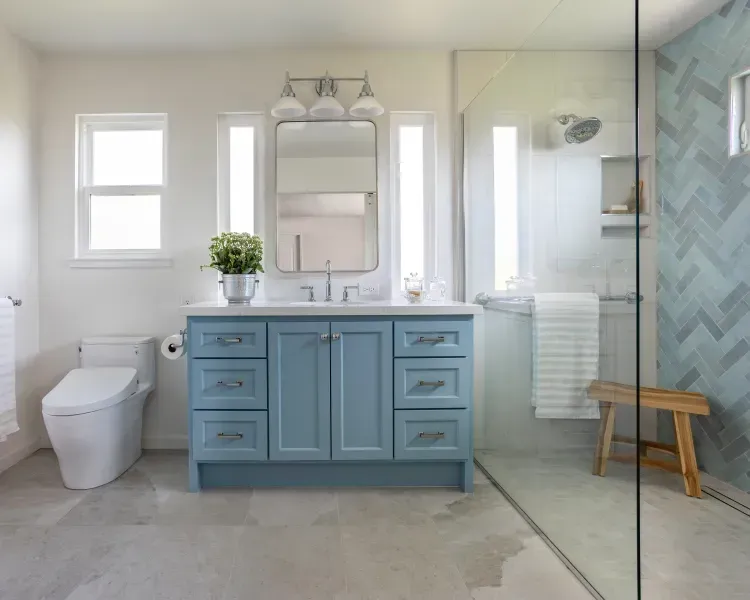A bathroom with blue cabinets and a toilet