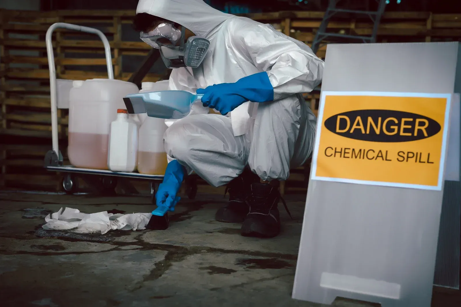 Person in hazmat suit cleaning up a chemical spill in a warehouse.