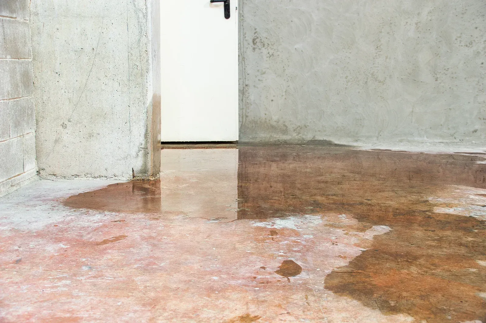 Water pooled on a concrete floor in a basement. A white door is at the back, with concrete walls.