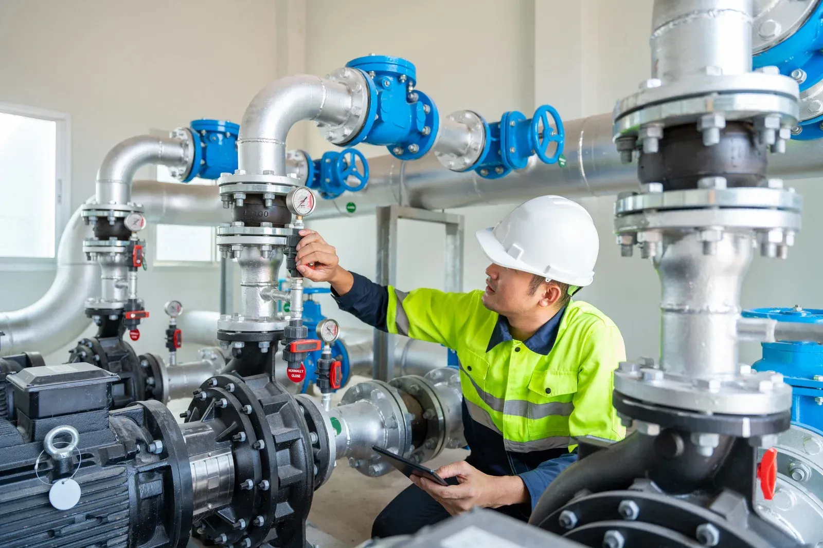 An Asian worker in safety gear inspecting industrial pipes and valves.