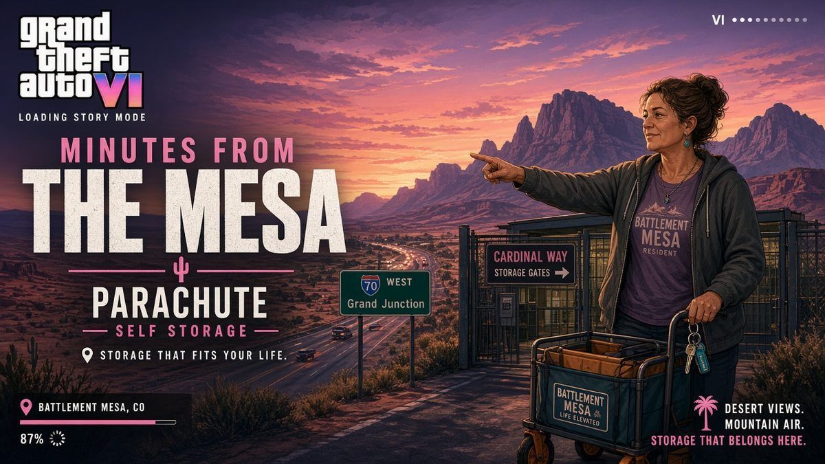 GTA-style illustration of a Battlement Mesa resident pointing toward Cardinal Way storage gates minutes from the mesa