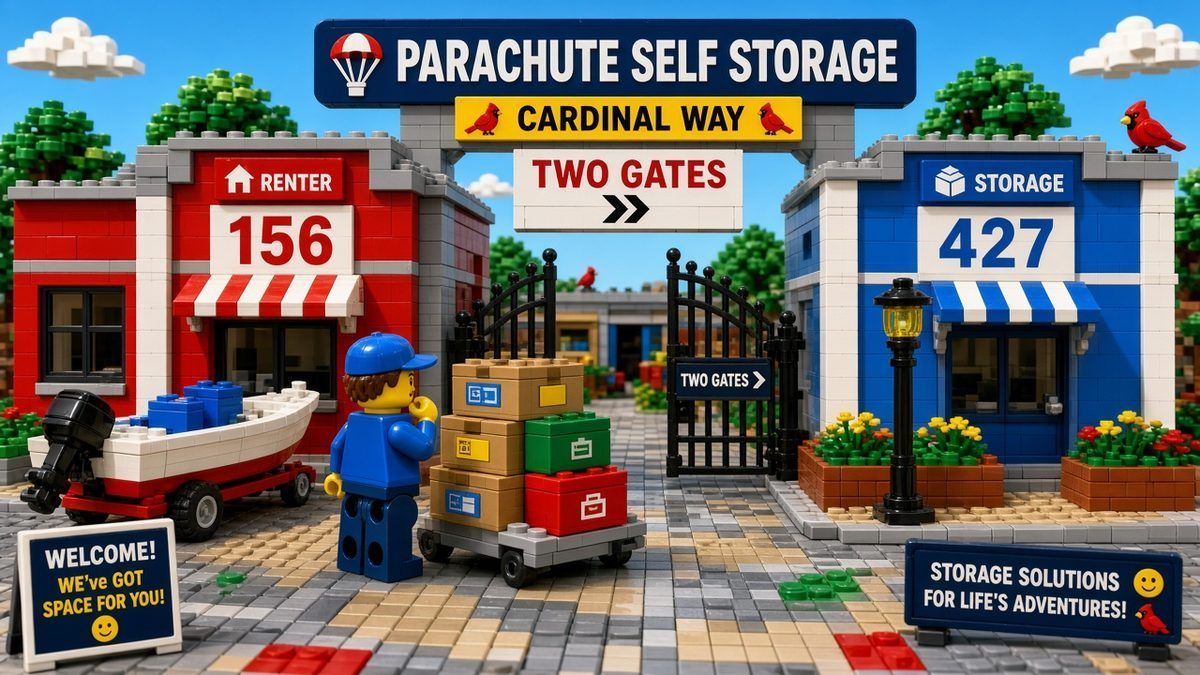 LEGO-style scene of two Cardinal Way storage gates labeled 156 and 427 with a renter comparing options