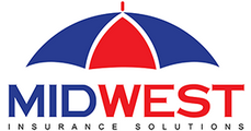 the logo for midwest insurance solutions shows a red , blue and white umbrella .