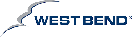 the logo for west bend is blue and gray and has a bird on it .