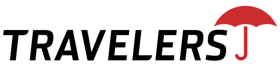 a logo for travelers with a red umbrella in the middle