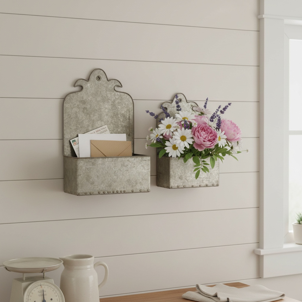 Rustic wall décor featuring two galvanized metal wall pockets mounted on a white shiplap wall. The left pocket holds envelopes and papers, while the right displays a colourful arrangement of artificial flowers including pink peonies, white daisies, and purple lavender. Below, a white ceramic pitcher and small bowl sit on a shelf, with natural light streaming in from a nearby window.