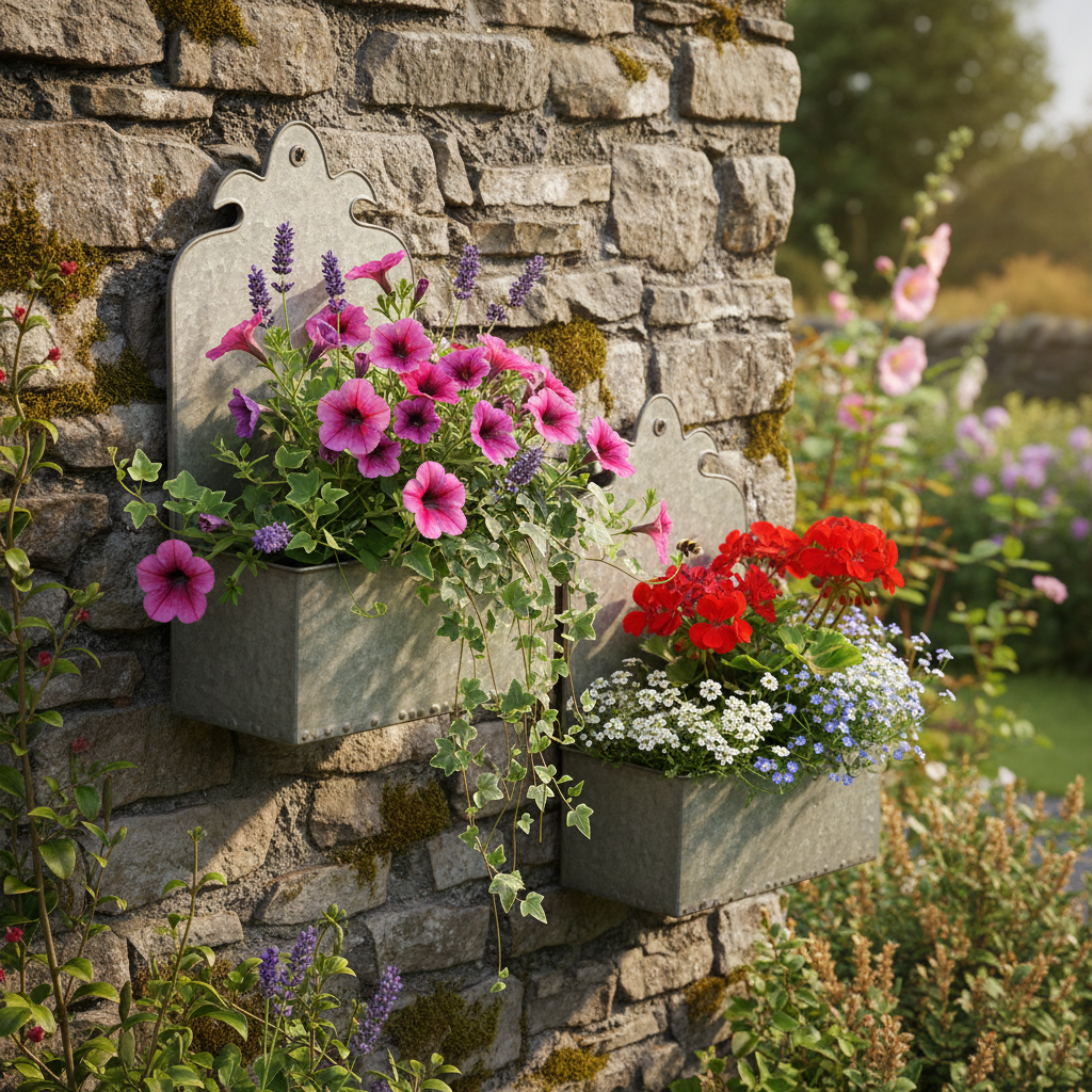 Ornate metal wall planters  offer vintage charm and vertical gardening for  cottage-style décor