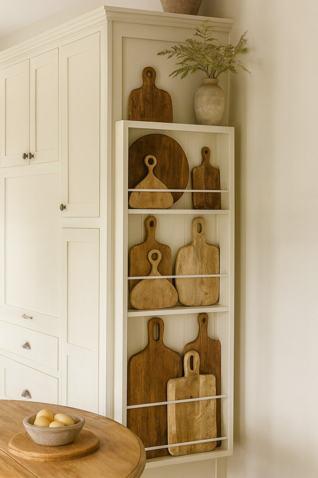 Vintage rustic style wooden chopping boards in various shapes and sizes displayed in a kitchen nook. Practical and pretty.