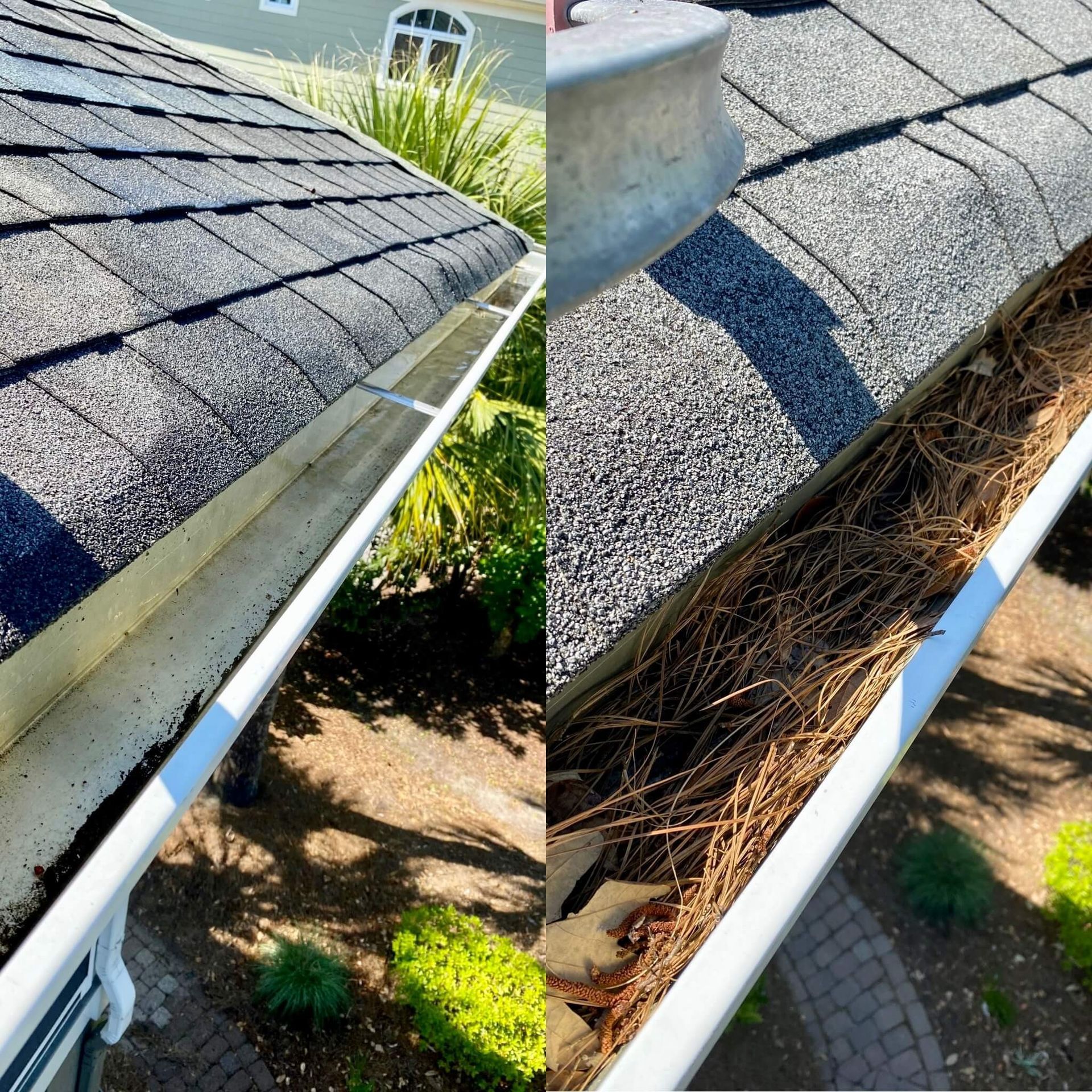 Person on a roof using a pressure washer to clean a gutter. Water sprays off the orange tile roof.