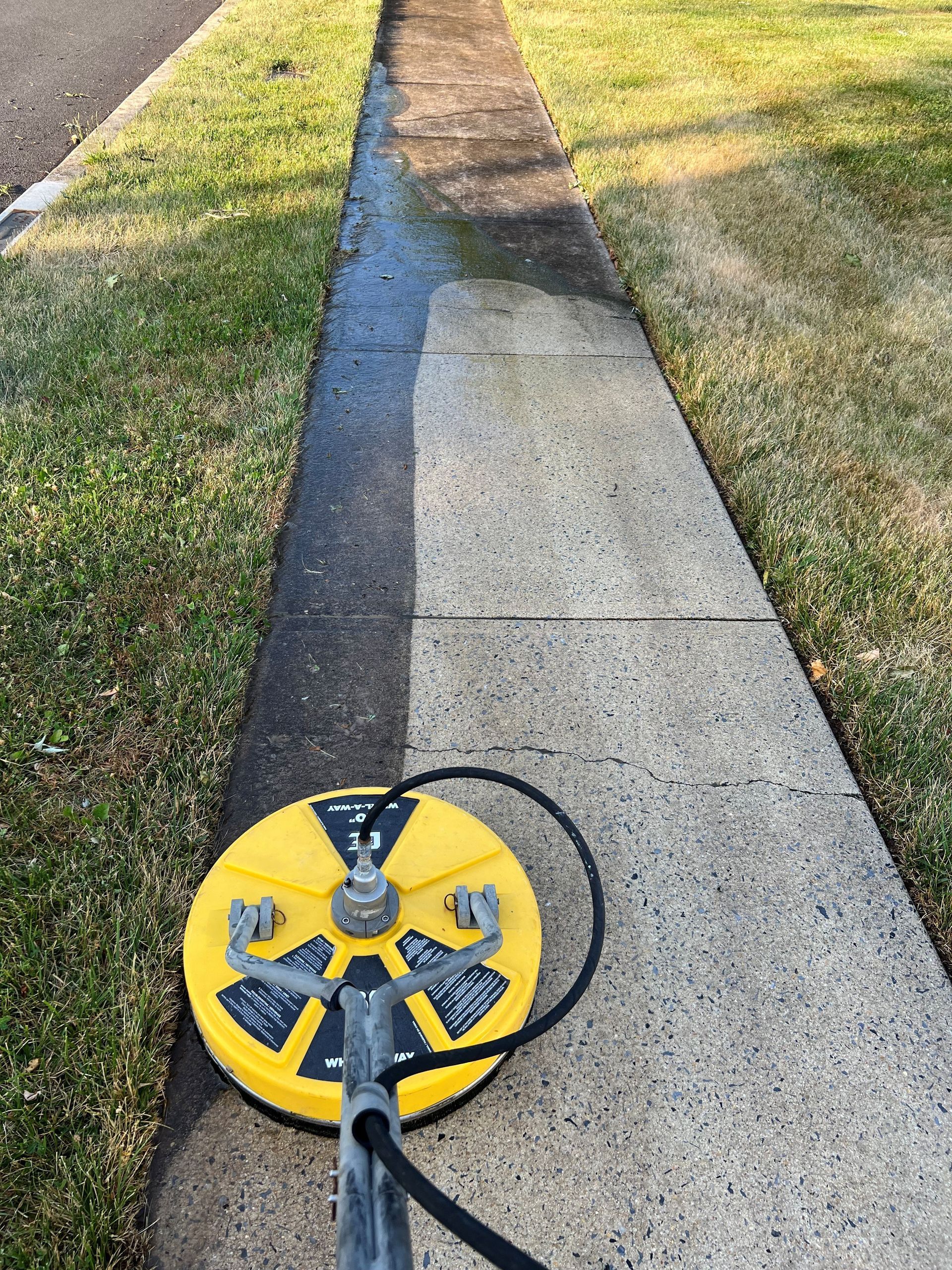 Person power washing a brick driveway, cleaning mud and dirt. Green plants and flowers border the walkway near a garage.