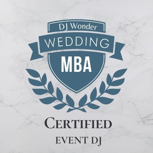 DJ Wonder wedding MBA certified event DJ logo with blue shield and laurel wreath